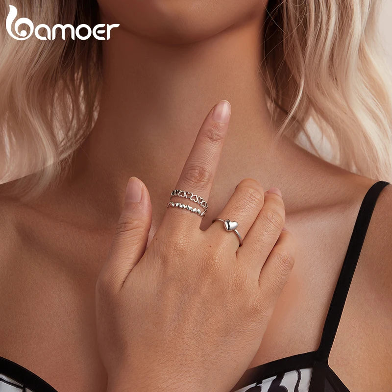 BAMOER Solid 925 Sterling Silver Heart Ring, Resizable, Minimalist, Stacking Ring