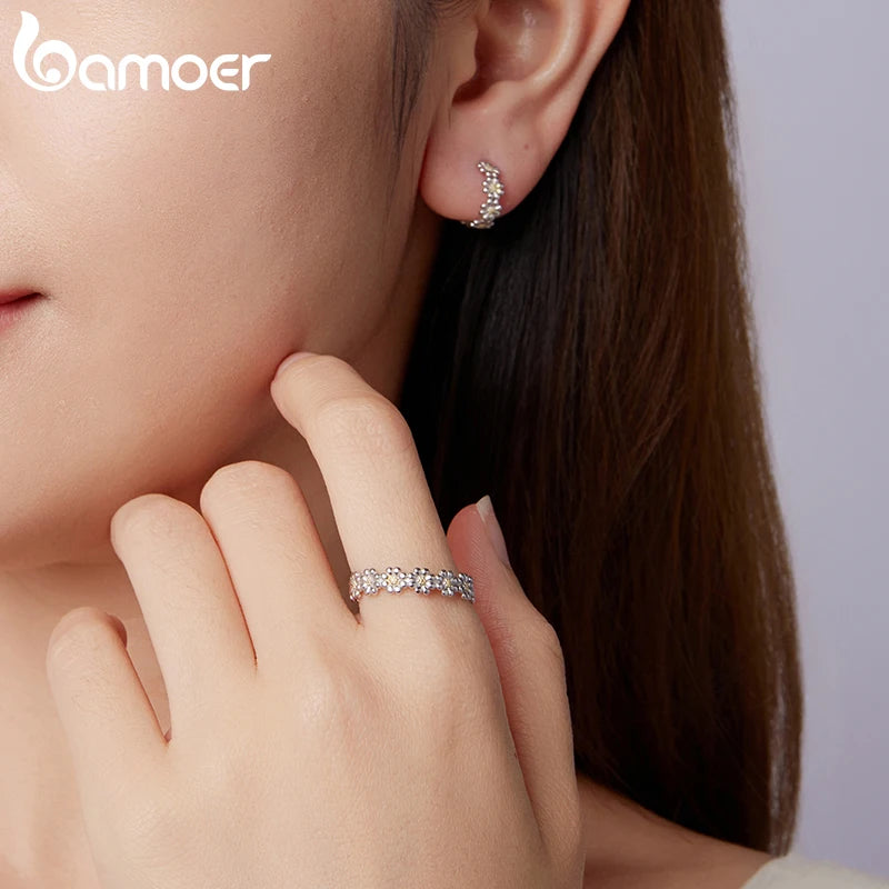 Bamoer 925 Sterling Silver Daisy Jewellery Set, Open Ring & Hoop Huggies Earrings
