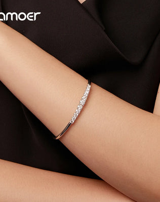 BAMOER 925 Sterling Silver Cuff Bangle, Plated with White Gold and Set with 3.6CTTW Moissanite Diamonds