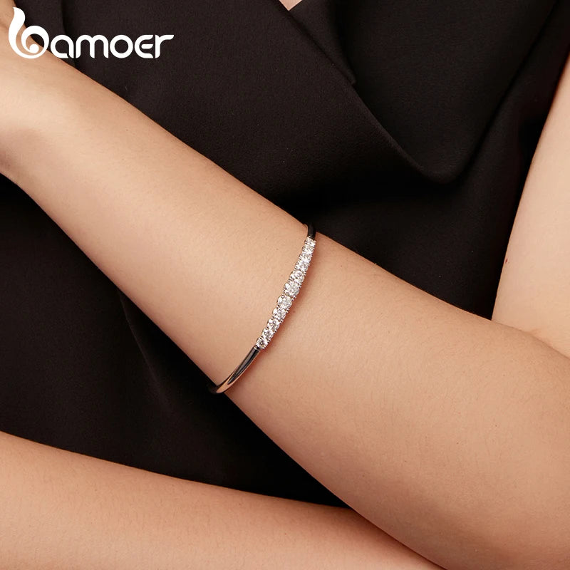 BAMOER 925 Sterling Silver Cuff Bangle, Plated with White Gold and Set with 3.6CTTW Moissanite Diamonds