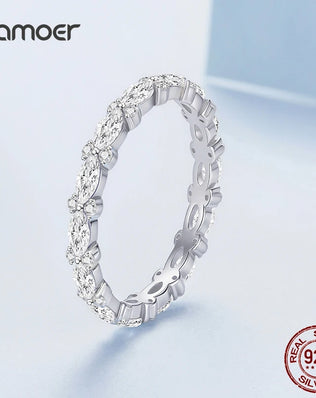 BAMOER Full Eternity Band, 925 Sterling Silver Stacking Ring With Oval Pave Cubic Zircon