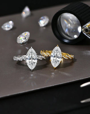 ATTAGEMS S925 Sterling Silver Twist Ring, Gold Plated, With 14*7mm, 3.0CT, Marquise Cut Moissanite Diamond