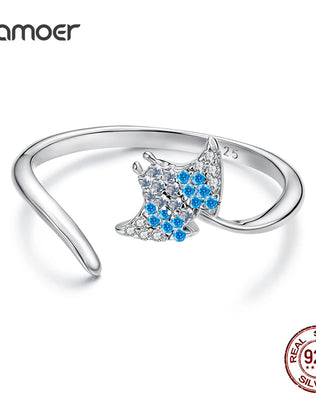 BAMOER 925 Sterling Silver Stacking Ring, With Manta Ray in CZs, Adjustable, Open Ring