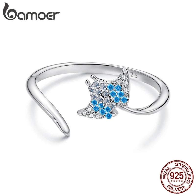 BAMOER 925 Sterling Silver Stacking Ring, With Manta Ray in CZs, Adjustable, Open Ring