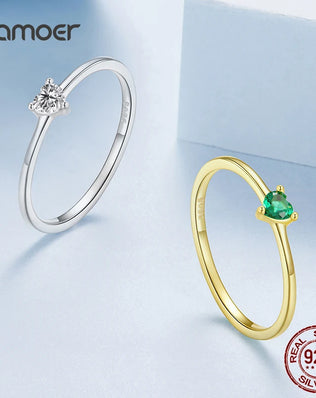 BAMOER Solid 925 Sterling Silver Mini Heart Ring, Gold Plated, With Pavé CZ, 2 Styles