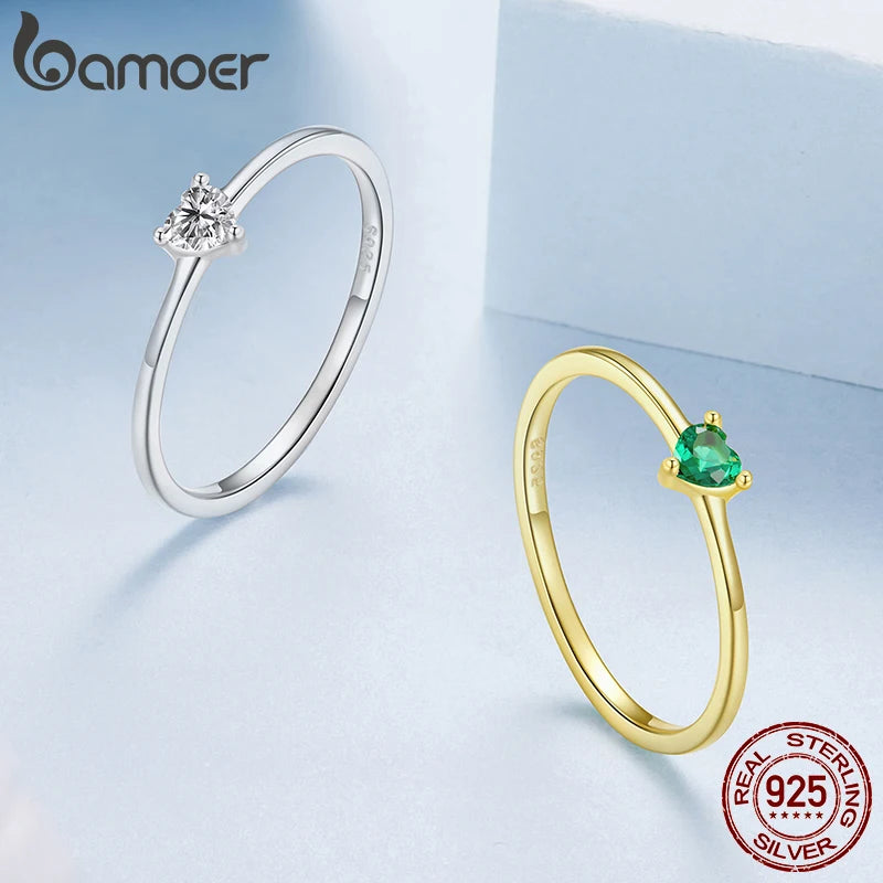 BAMOER Solid 925 Sterling Silver Mini Heart Ring, Gold Plated, With Pavé CZ, 2 Styles