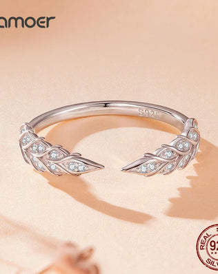 Bamoer 925 Sterling Silver Open Ring, Adjustable, Wheat Ear/Feather Shape With Pave Set CZs