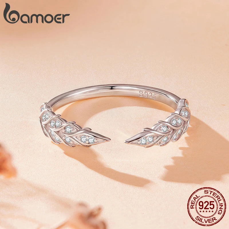 Bamoer 925 Sterling Silver Open Ring, Adjustable, Wheat Ear/Feather Shape With Pave Set CZs