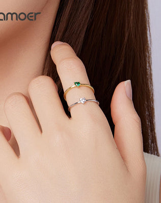 BAMOER Solid 925 Sterling Silver Mini Heart Ring, Gold Plated, With Pavé CZ, 2 Styles