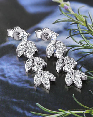 Quality Moissanite and CZ Drop Earrings, Leaf-Shape, 925 Sterling Silver with Gold Plated Option