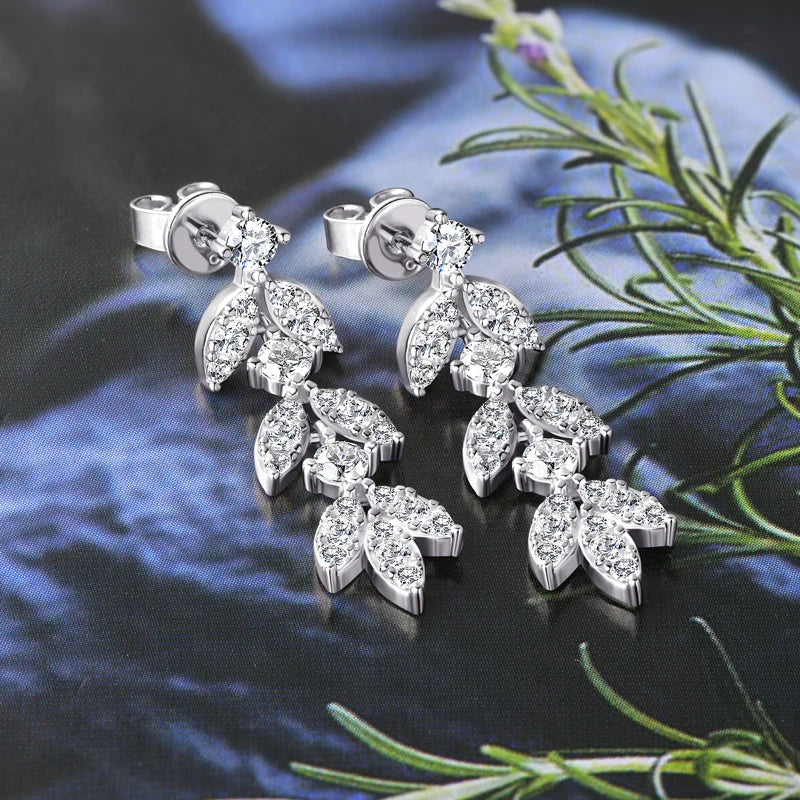 Quality Moissanite and CZ Drop Earrings, Leaf-Shape, 925 Sterling Silver with Gold Plated Option