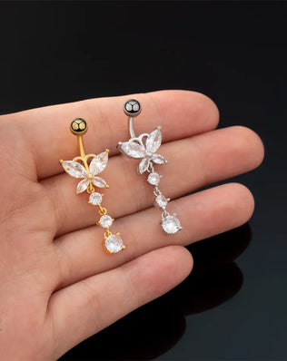 G23 Titanium Barbell Navel Piercing with Cute Crystal CZ Butterfly and Droplets