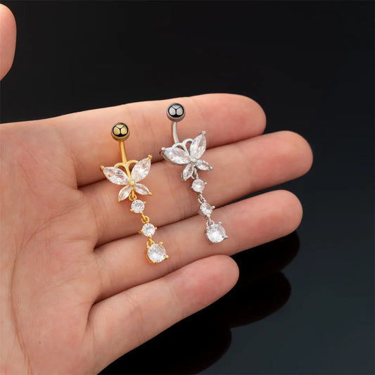 G23 Titanium Barbell Navel Piercing with Cute Crystal CZ Butterfly and Droplets