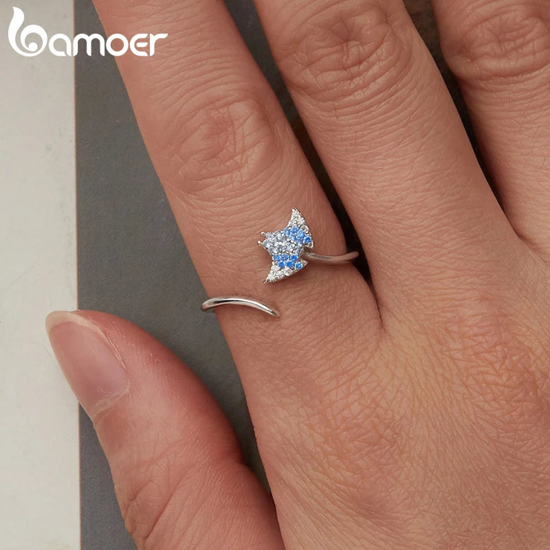 BAMOER 925 Sterling Silver Stacking Ring, With Manta Ray in CZs, Adjustable, Open Ring