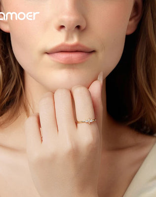 BAMOER 925 Sterling Silver, Gold Plated Ring With  Marquise Style CZ, Stackable Rings