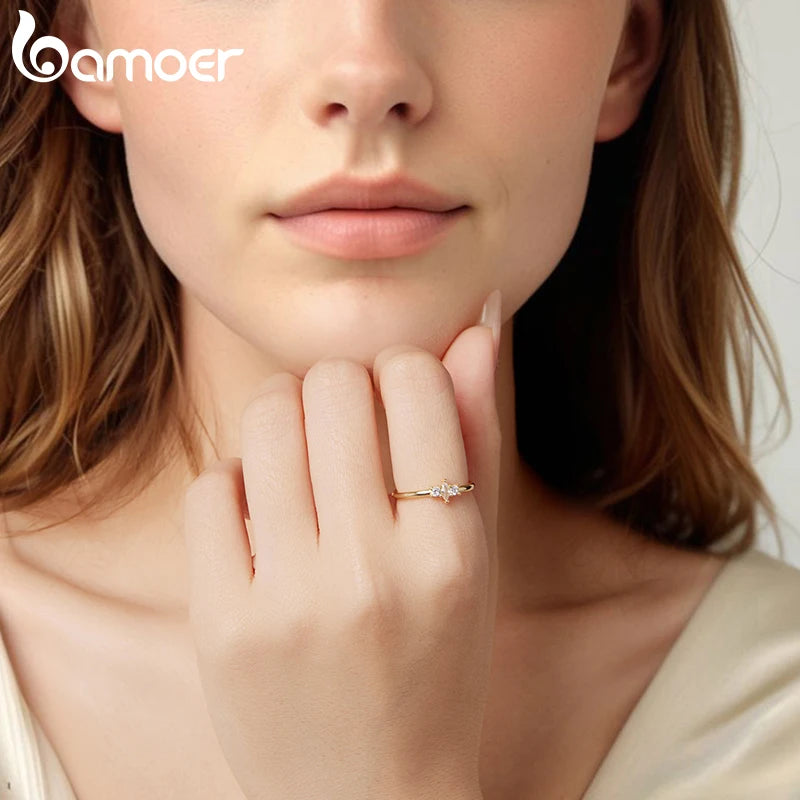 BAMOER 925 Sterling Silver, Gold Plated Ring With  Marquise Style CZ, Stackable Rings