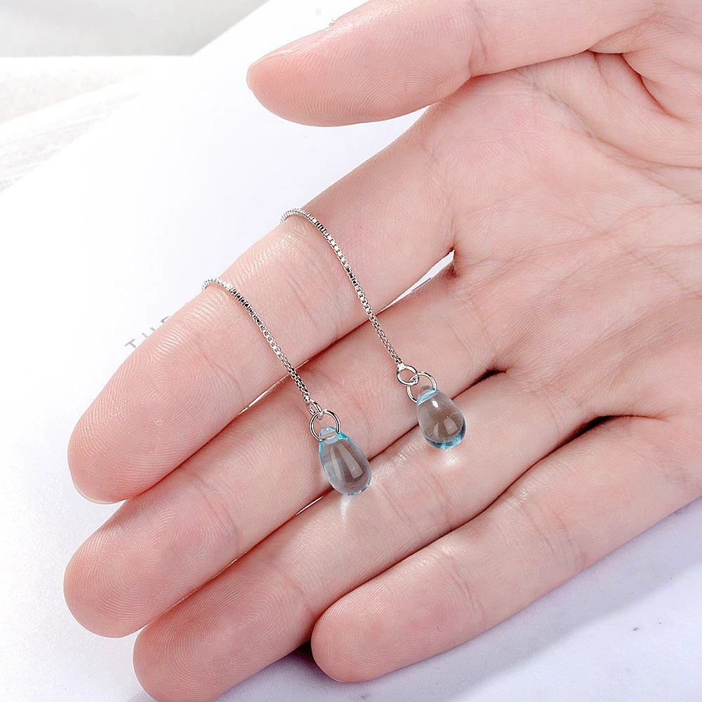 Blue Crystal Water Drop Earrings, 925 Sterling Silver, Long Tassel Earrings Chain