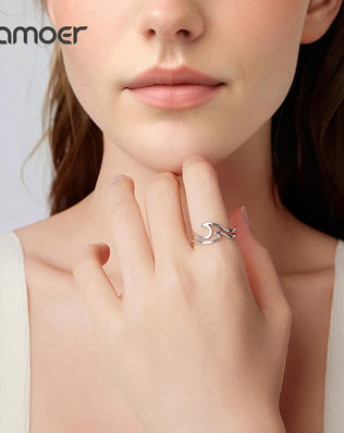 BAMOER 925 Sterling Silver Ocean Wave Curved Double-layer Ring, Minimalist Fine Jewellery