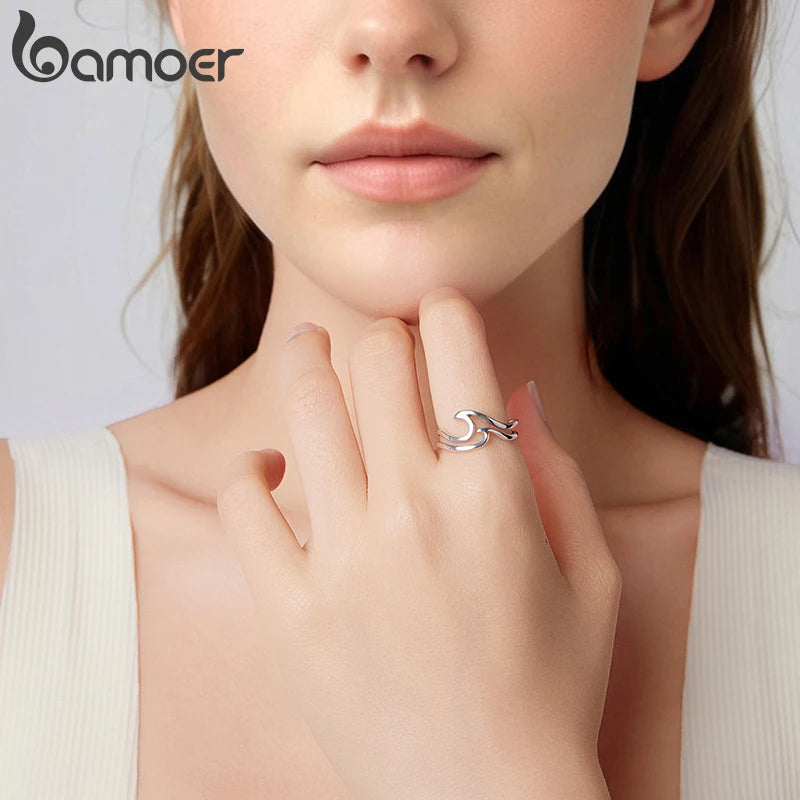 BAMOER 925 Sterling Silver Ocean Wave Curved Double-layer Ring, Minimalist Fine Jewellery