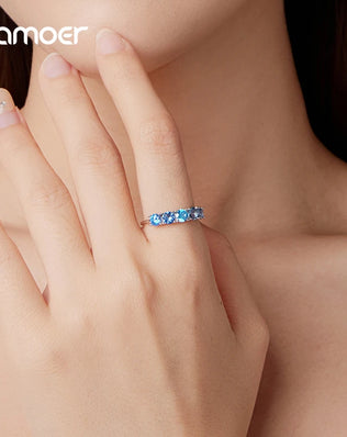 BAMOER 925 Sterling Silver Half Eternity Band, White Gold Plated, With Transparent Sea Blue Paved CZ