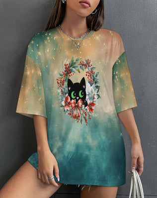 Drop Shoulder Baggy Tee with Cute Christmas Cat, Loungewear, Casual, Fun