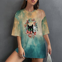 Drop Shoulder Baggy Tee with Cute Christmas Cat, Loungewear, Casual, Fun