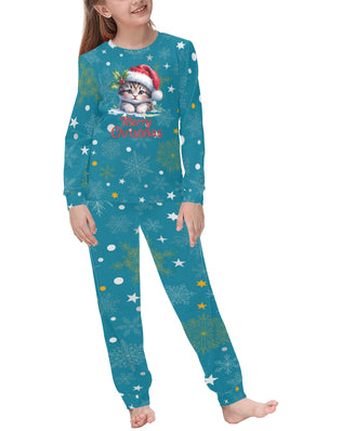 Soft, Comfortable Kids Unisex PJ Set with Cute Christmas Kitten