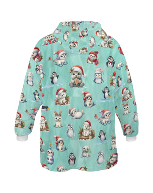 One-Size  Blanket Hoodie for Tots, Featuring Artic Friends Celebrating Christmas