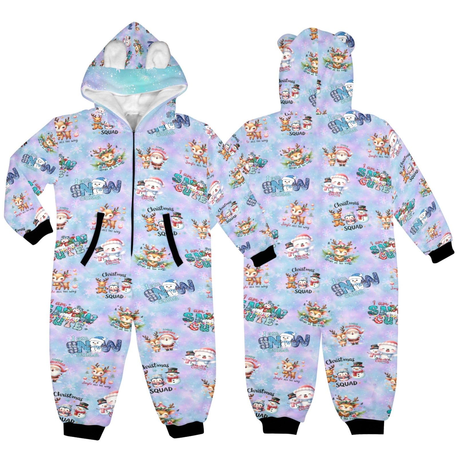 Christmas Snow Friends, Fleecy, Zip-Up Onesie Loungewear for Little Kids