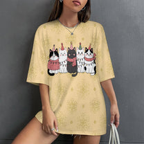 Drop Shoulder Baggy Tee with Cute Christmas Kitties, Loungewear, Casual, Fun