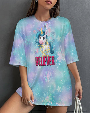 Drop-Shoulder Baggy Tee with 'Believer' Unicorn Christmas Design