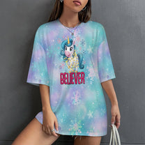 Drop-Shoulder Baggy Tee with 'Believer' Unicorn Christmas Design