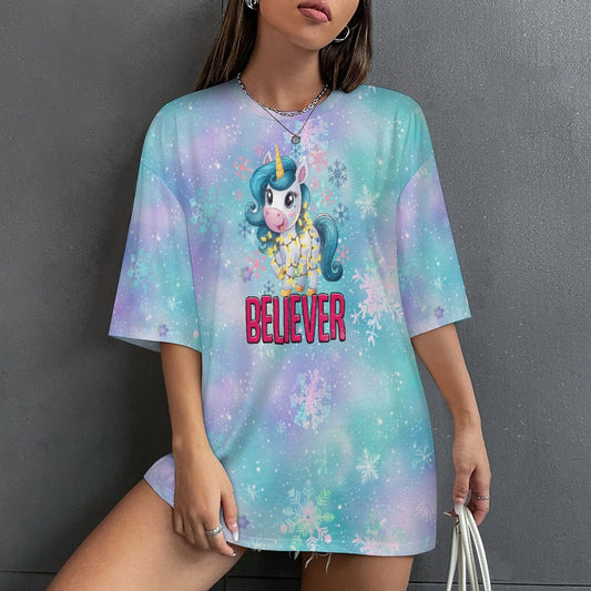 Drop-Shoulder Baggy Tee with 'Believer' Unicorn Christmas Design
