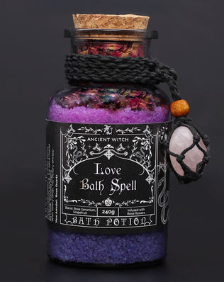 Ancient Witch Bath Spell Potion & Rose Quartz Crystal Amulet - Love