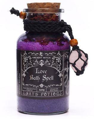 Ancient Witch Bath Spell Potion & Rose Quartz Crystal Amulet - Love