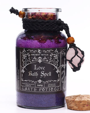 Ancient Witch Bath Spell Potion & Rose Quartz Crystal Amulet - Love
