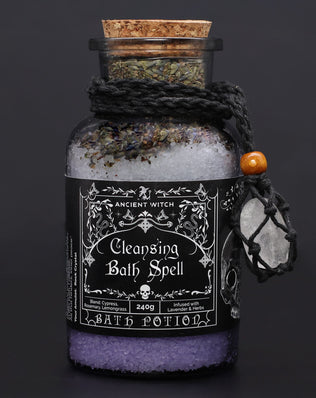 Ancient Witch Bath Spell Potion & Rock Crystal Amulet - Cleansing