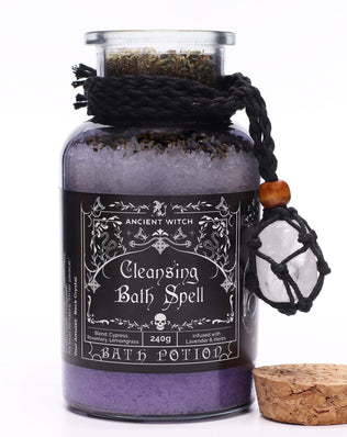 Ancient Witch Bath Spell Potion & Rock Crystal Amulet - Cleansing
