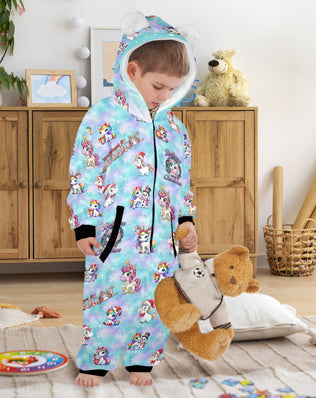 Magical Christmas Unicorns, Fleecy, Zip-Up Onesie Loungewear for Little Kids