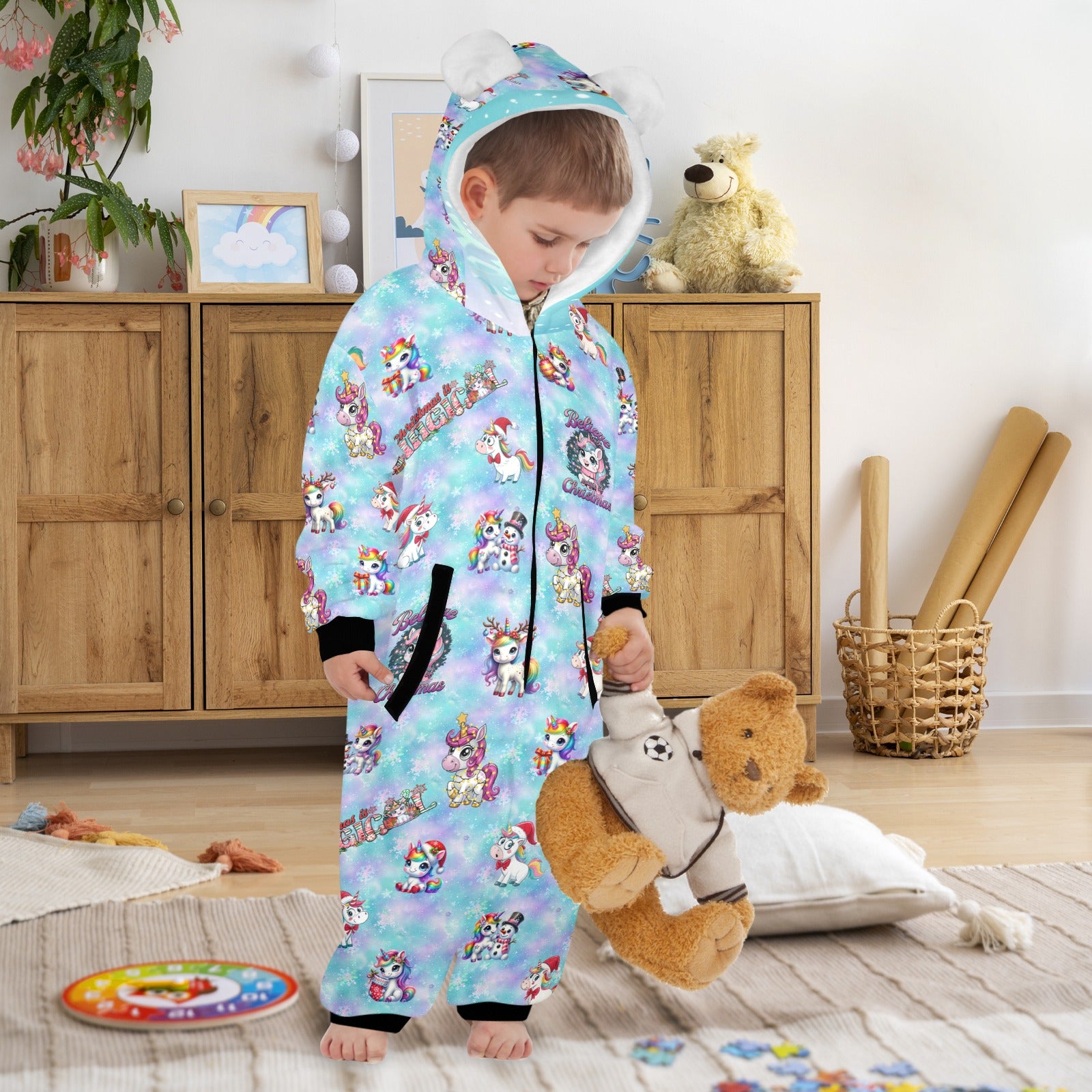 Magical Christmas Unicorns, Fleecy, Zip-Up Onesie Loungewear for Little Kids