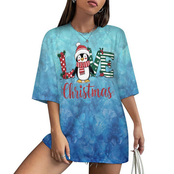 7131-Penguin Love(2) Women's Drop-Shoulder Mid-Sleeve T-Shirt