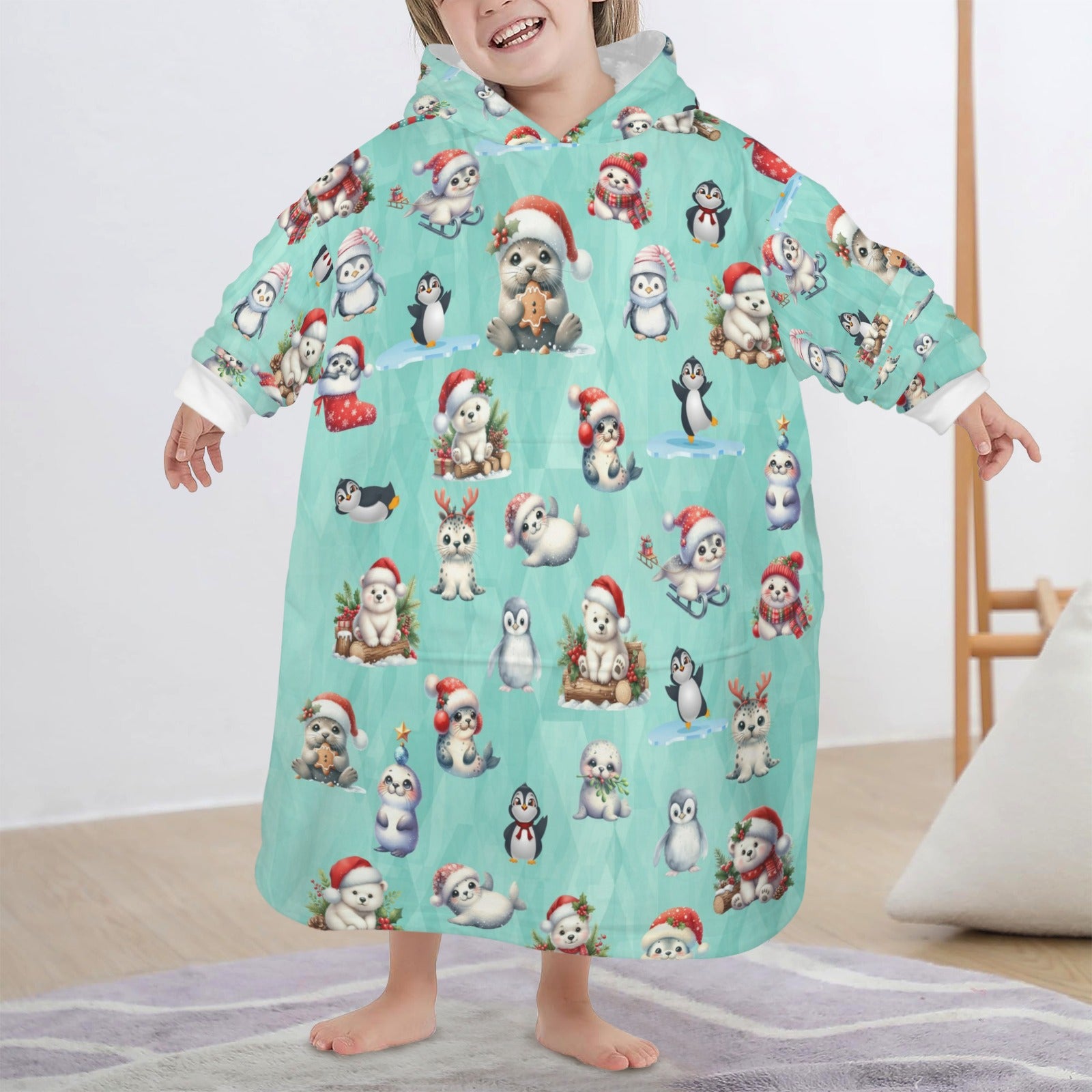 One-Size  Blanket Hoodie for Tots, Featuring Artic Friends Celebrating Christmas