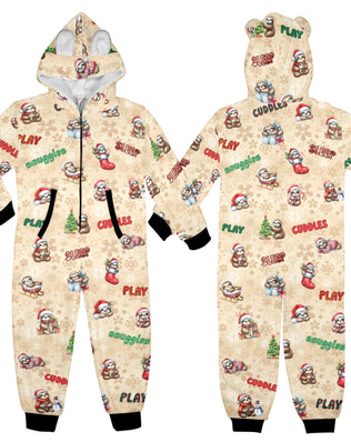 Christmas Sloths Fleecy Zip-Up Onesie Lounge Suit with Hood and Kangaroo Pocket, 8-15yrs