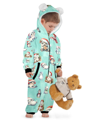 Christmas Artic Friends, Fleecy, Zip-Up Onesie Loungewear for Little Kids