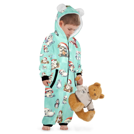 Christmas Artic Friends, Fleecy, Zip-Up Onesie Loungewear for Little Kids
