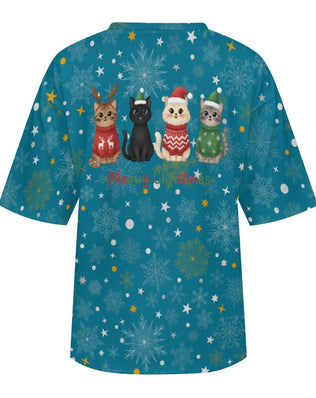 Drop Shoulder Baggy Tee with Cute Christmas Kitties, Unisex, Loungewear, Casual, Fun