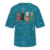 Drop Shoulder Baggy Tee with Cute Christmas Kitties, Unisex, Loungewear, Casual, Fun