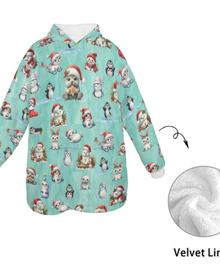 One-Size  Blanket Hoodie for Tots, Featuring Artic Friends Celebrating Christmas