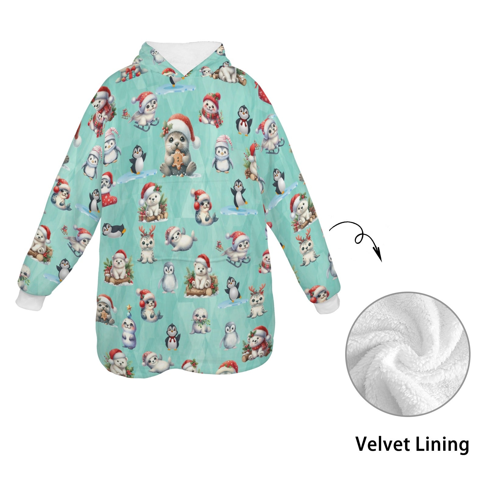 One-Size  Blanket Hoodie for Tots, Featuring Artic Friends Celebrating Christmas
