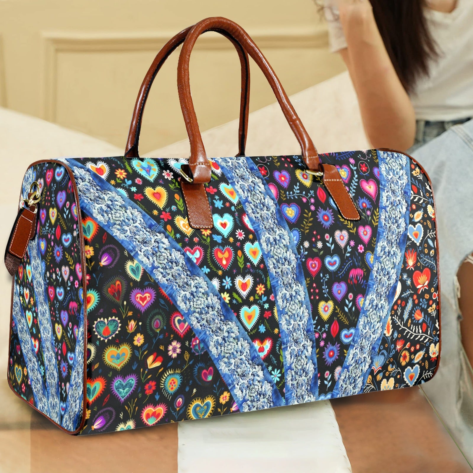 Boho Travel Bag6 Large Capacity Travel Bag-Large (Brown Short Patch) (1737)